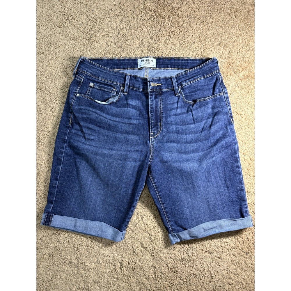 Levis Denizen Mid Rise Bermuda Shorts Women 32 Blue Denim Cuffed Bohemian Casual